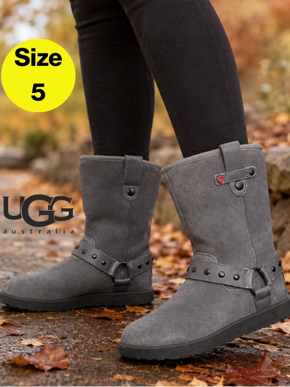 UGG 🩶 Light Charcoal Fur Boots with Ankle Strap, Heart Accent (Size 5)